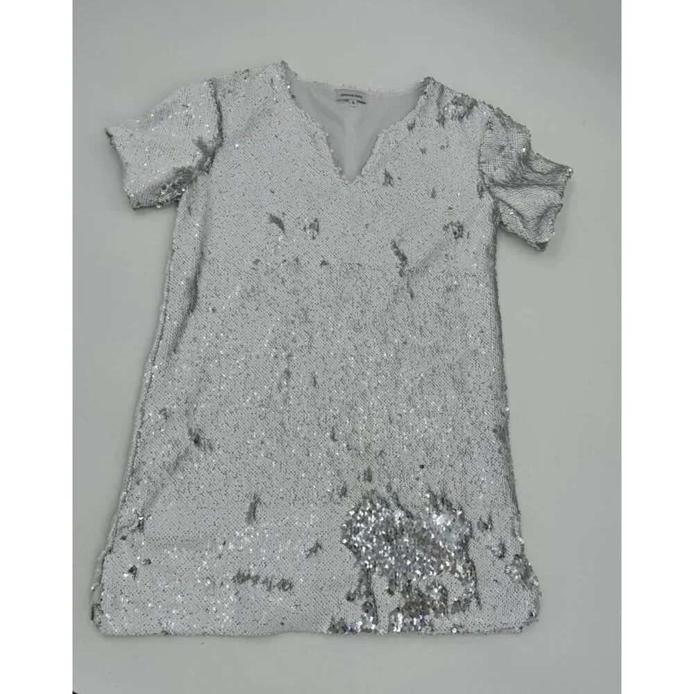 Cavanagh Baker Silver Sequin Short Sleeve V-Neck Mini Dress S - Picture 5 of 14